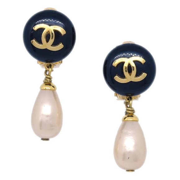 Chanel Artificial Pearl Dangle Earrings Clip-On Gold - Picture 1 of 4